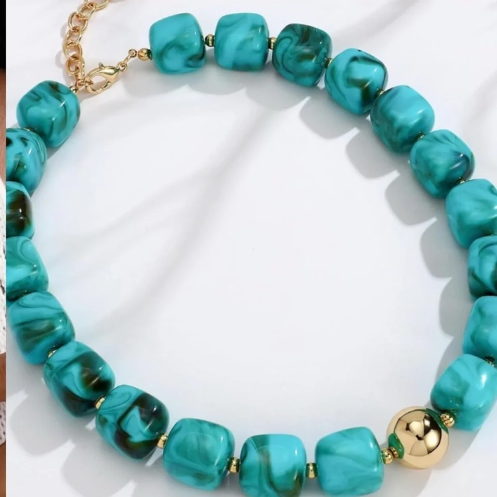 14k Gold Plated Turquoise Marbled Dopamine Beaded Necklace with Gold Accent new